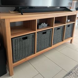 Wood TV Stand with Wicker Storage Baskets