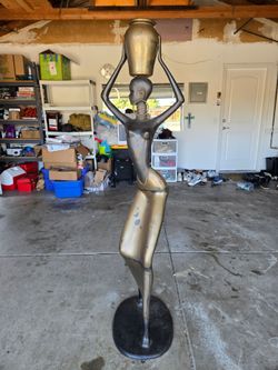 Large Bronze-Tone Female Figure Statue with Vase