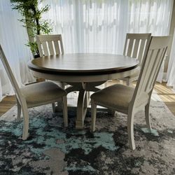 Farmhouse White /Beige  60” round dining table set 4 chairs