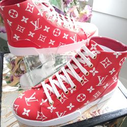High Top Sneakers Red & White High Tops Red Stellar Shoes Unisex  Mens Size 6 Women 8