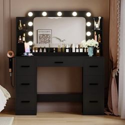 New Vanity Set with Large Mirror & Adjustable Lights, Makeup Vanity Table with 7 Drawers & Open Shelves Vanity Desk for Bedroom, Black  New in box vn2