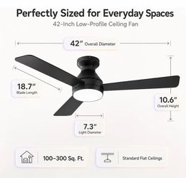 Ceiling Fan with Light, 42 Inch Flush Mount, Remote, 3CCT, 6 Speed