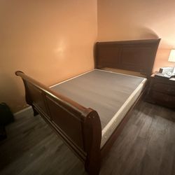 Wood Queen Bed frame + Headboard + Box Spring + Queen Mattress