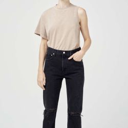 AGOLDE Foundation Beige Della Asymmetrical Short Relaxed Sleeve Crew Tee NEW