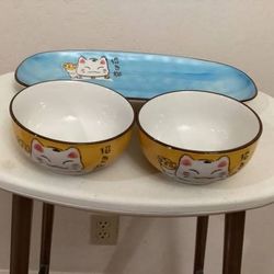 Luck Cat Maneki Neko Platter & Bowls