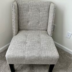 Gray Tweed Accent Chair with Silver Nailheads