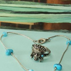 #1942, WESTERN SILVER PLATED VTG, TURQUOISE ANKLE & ADJUSTABLE RING
