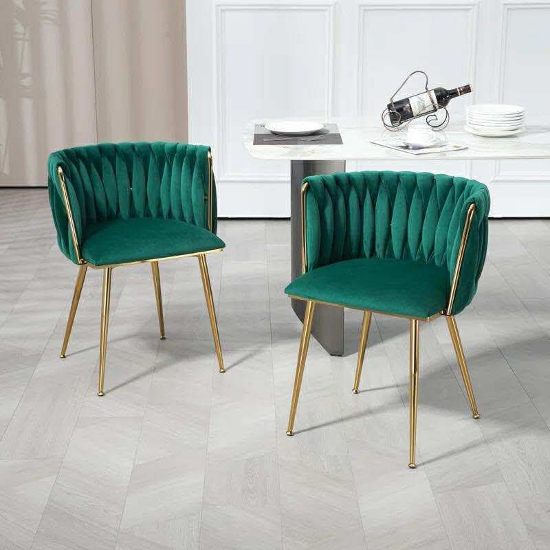 Velvet Dining Chairs Set of 2, Modern Woven Upholstered Dining Chairs with Gold Metal Legs,Luxury Tufted(Green)