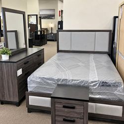Queen Full Grey Bedroom Set Bed Dresser Mirror • $0 Down Same Day Delivery