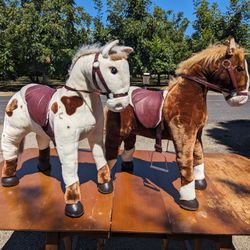 Set of 2 Plush Toy Horses with Saddles, Realistic Brown and White Design