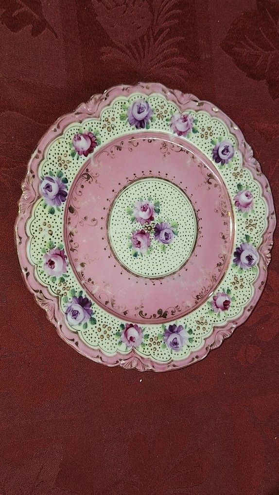 OLD JAPANESE? HAND PAINTED PORCELAIN PLATE, PINK WITH FLOWERS, GOLD TRIM G3D040