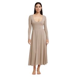 Women's Taupe Long Sleeve Scoop Neck Midi Dress, XS
