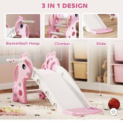 3-in-1 Toddler Slide for Age 1-3, Freestanding Kids Slide with Climber, Basketball Hoop and Ball, (Pink Gray)