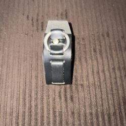 black leather cuff bracelet with a metal O-ring. 