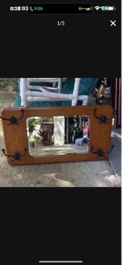 Vintage Oak Wall Mirror with cast iron Coat Hooks