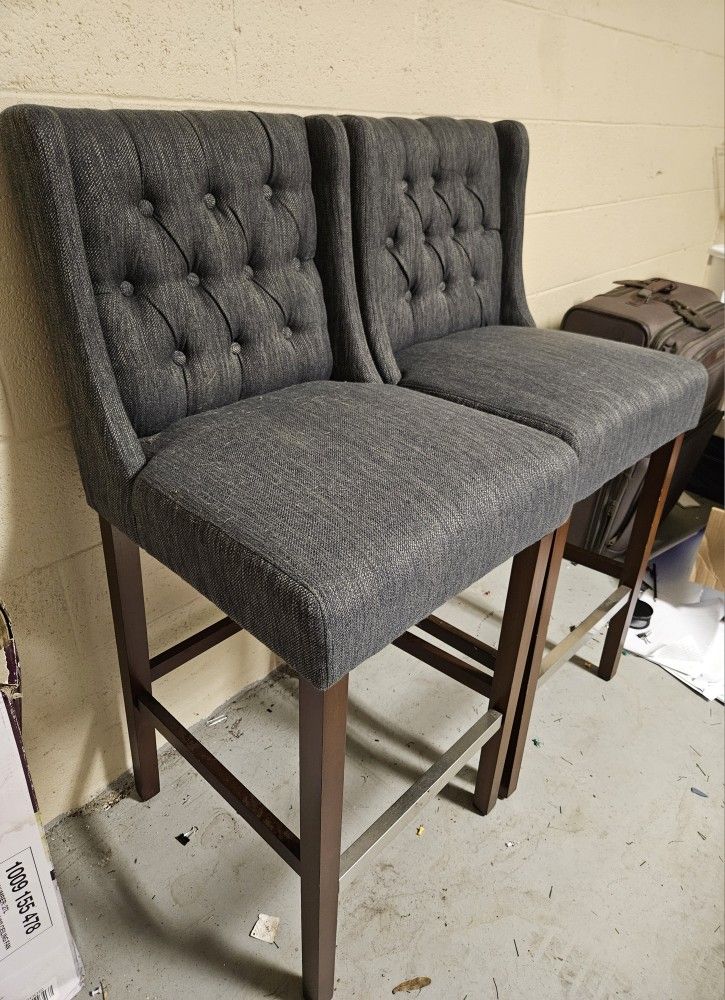 Barely Used Grey /Dark Wood Tufted Bar Stools