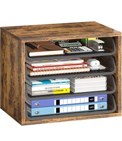 New Simple Trending Desk File Organizers, 4-Tier Letter Tray Paper Organizer with File Holder, Wooden Paper Sorter for Office Supplies, Rustic Brown