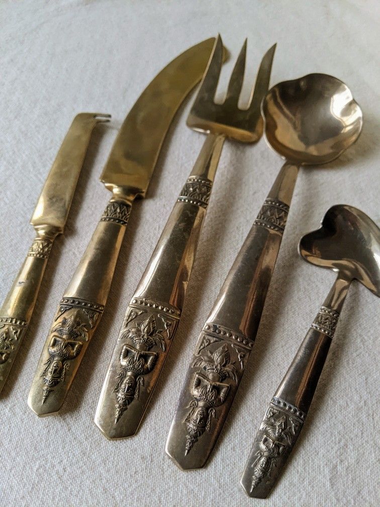 Thailand Brass Flatware Set Vintage Gold Tone Buddha 17 Pc