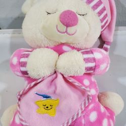 Vintage White Teddy Bear Pink w/ Polka-dot Pajamas Night Cap & Blanket Plush 12"