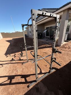 workout equipment: Squat rack, Kettle bells, bumper weights, barbells, weight plates, adjustable weight bench, workout machine like bowflex