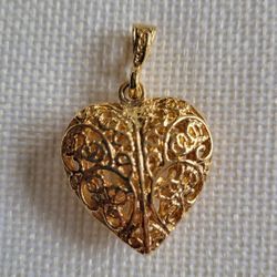 Puffy Filigree  Goldtone Heart Pendant