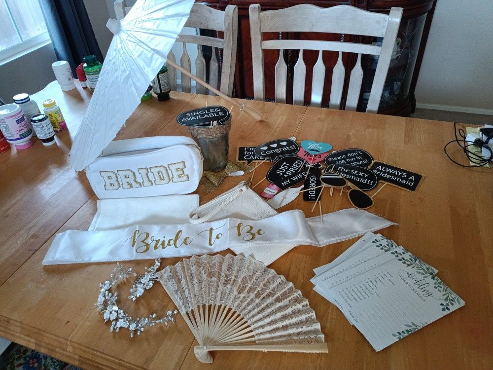 Bridal shower accessories paper parasol, lace fan, flower hair vine, shower quiz game, photo booth props, Bride sash, makeup bag & clutch purse
$20 f