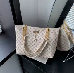 Cream Monogram Tote Bag with Gold Chain Handles