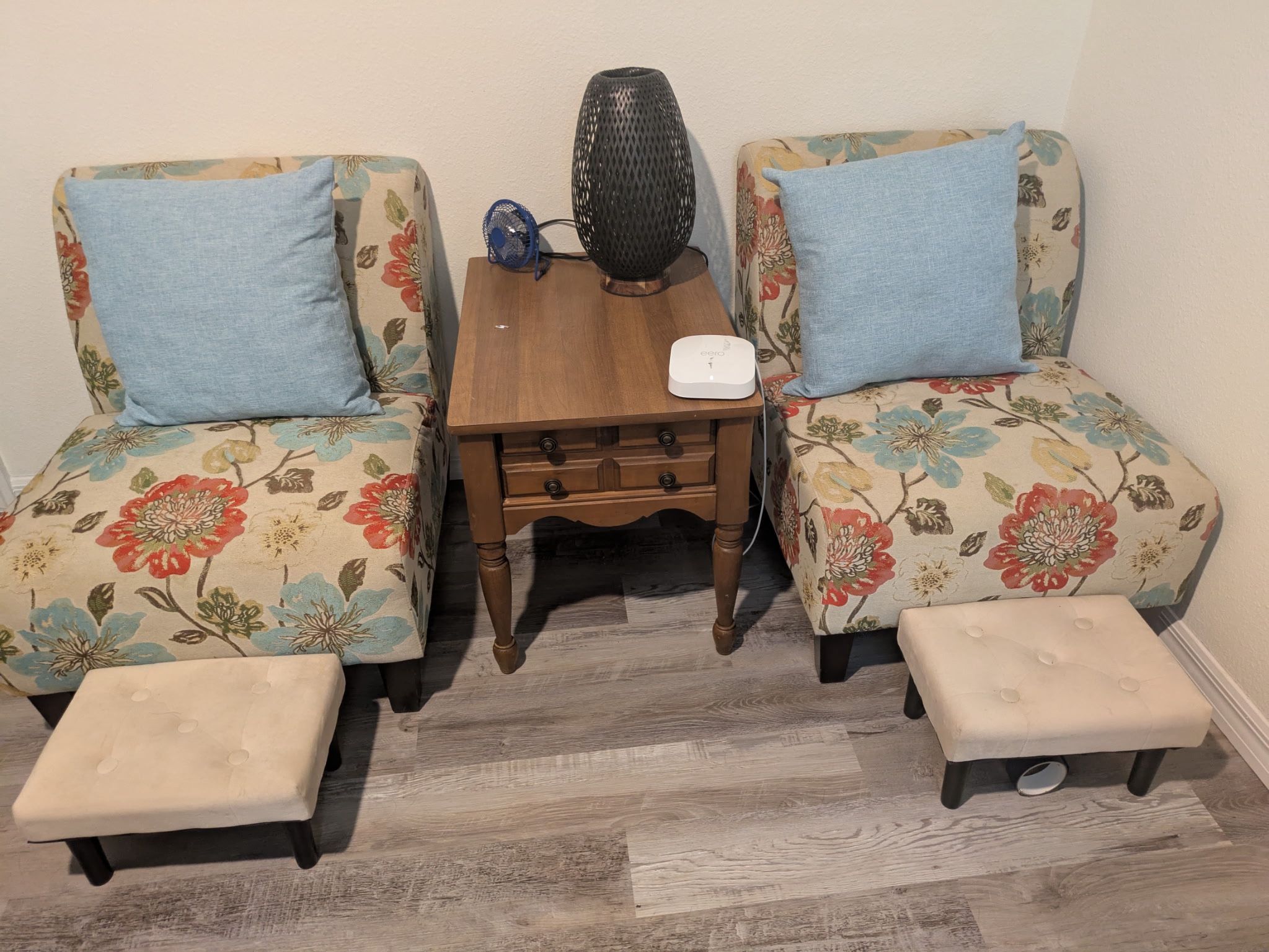 Chairs, End table, and Foot Stools 