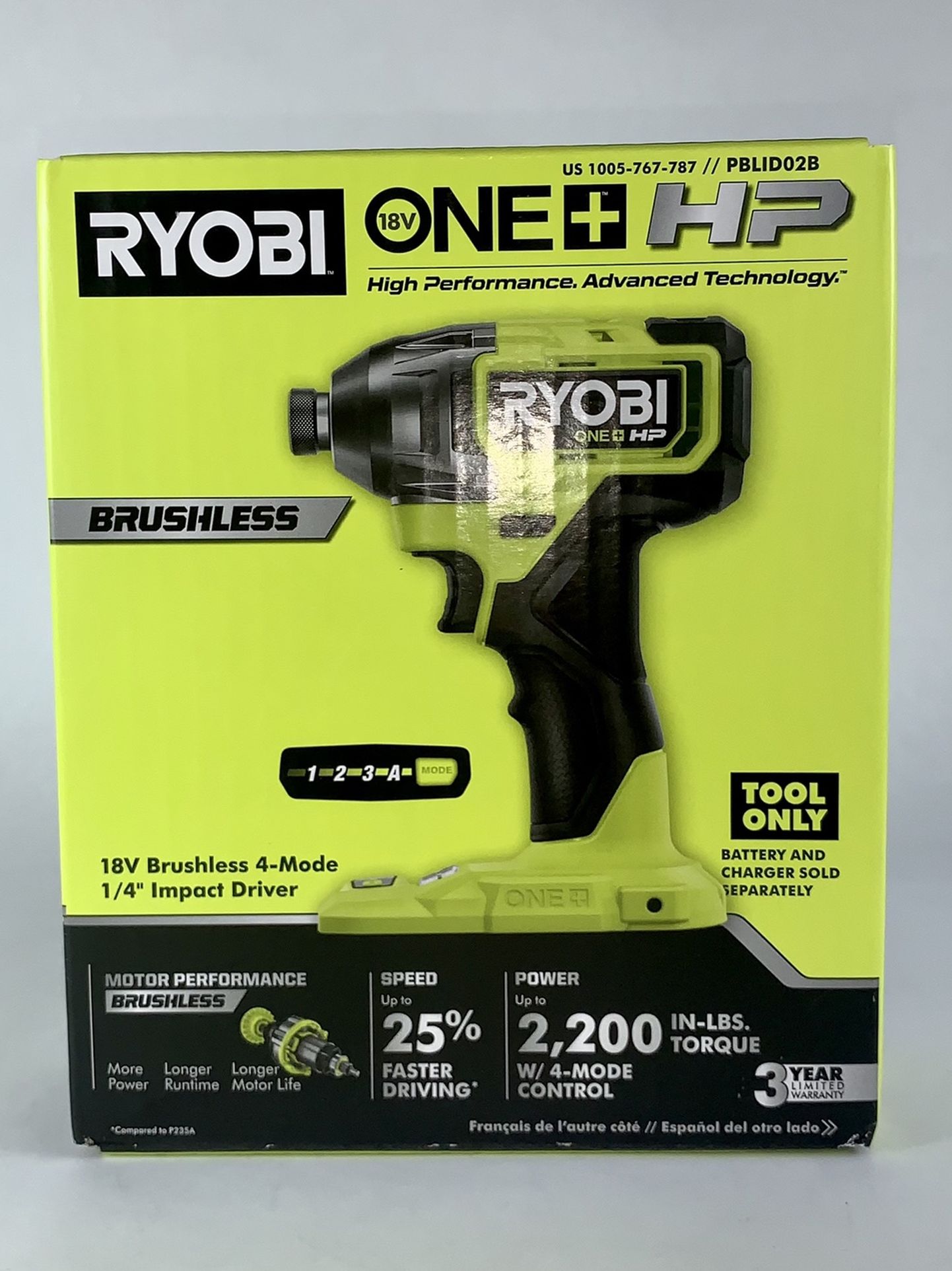 Ryobi 18v Brushless 4-Mode 1/4” Impact Driver PBLID02B NIB