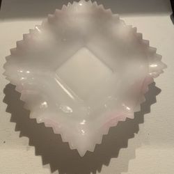 1930s Imperial Pink Edge Square Milk Glass Candy Dish