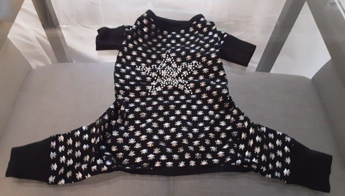 Adorable Dog Outfit / Onsie Silver Stud Stars And Silver Skulls, Black - For A Small Dog