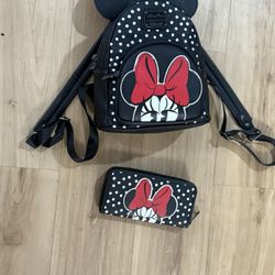 Disney Minnie Mouse Loungfly Backpack And Wallet