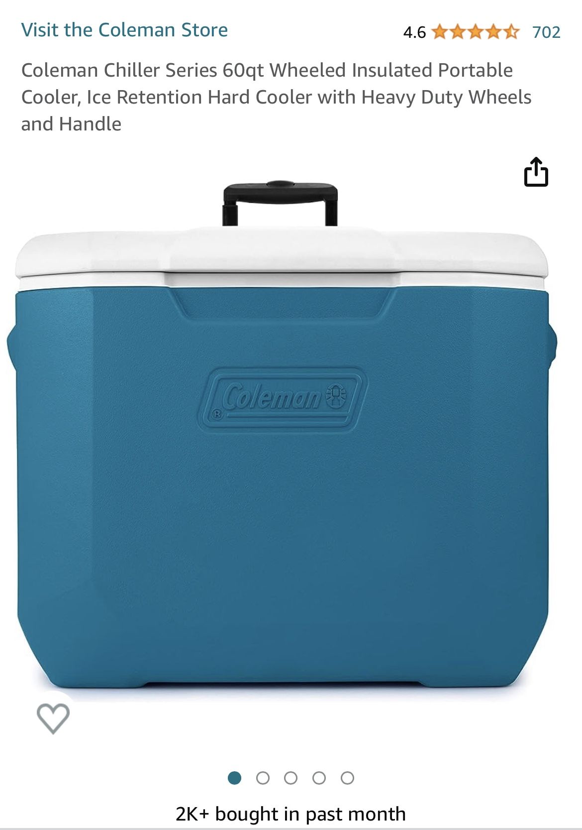 Coleman Chiller Series 60qt Wheeled Insulated Portable Cooler, Ice Retention Hard Cooler with Heavy Duty Wheels and Handle