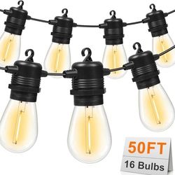 50FT LED Christmas Outdoor String Lights with 15+1 Vintage Shatterproof Waterproof S14 Bulbs, 2700K Commercial Grade Patio Lights