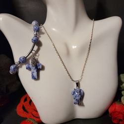 Sodalite Rosary Bracelet And Angel Charm Necklace Set