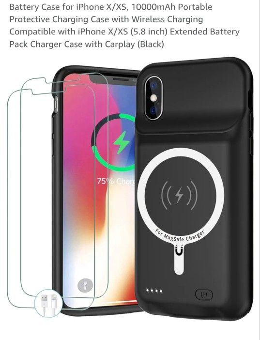 Battery Case for iPhone X/XS, [10000mAh] Enhanced Rechargeable Portable Protective Qi Wireless Charger Case Battery Support CarPlay Wireless Charging 