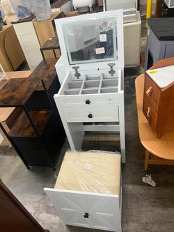 HWB 3-in-1 Dresser with Flip-Up irror, Compact Vanity with Storage Vanity Stool (White)
