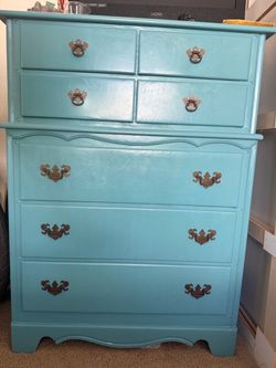 Teal Painted Wood Dresser with Brass Hardware