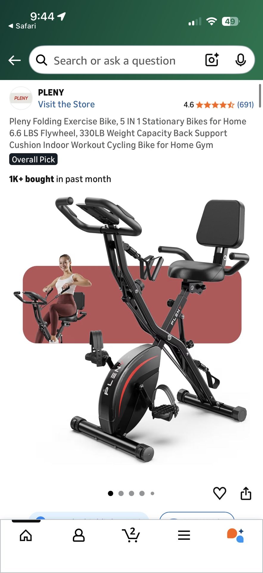 Pleny Folding Exercise Bike, 5 IN 1 Stationary Bikes for Home 6.6 LBS Flywheel, 330LB Weight Capacit