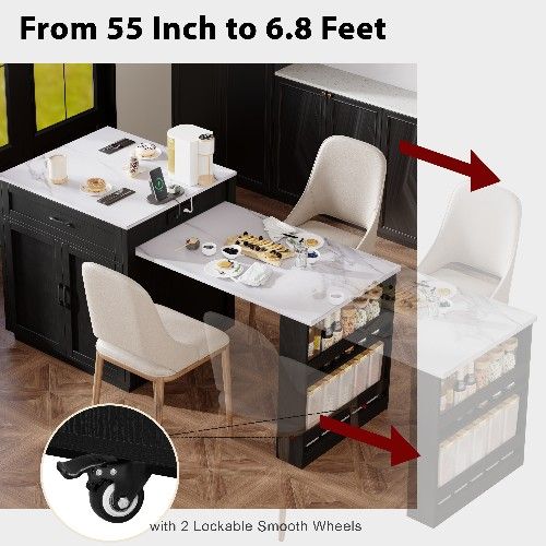 K&K 82.7 inch Kitchen Island with Extendable Dining Table for 4-6 Person,Faux Mable Kitchen Table with Double-sized Storage,Power Outlet,Kitchen islan