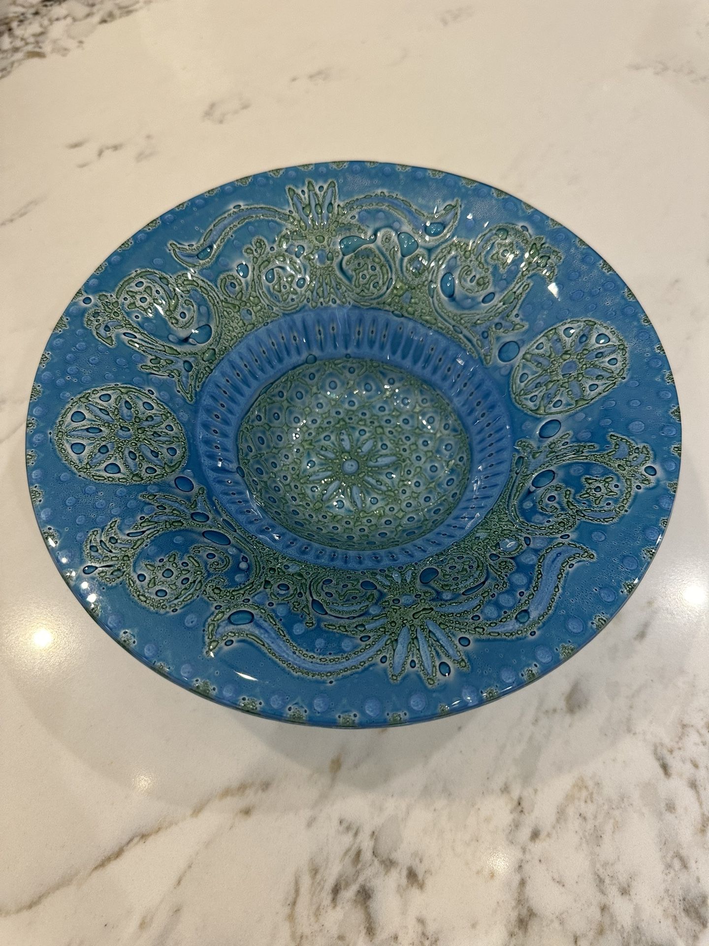 Dearborn “Higginsware” Higgins Art Glass Bowl Blue Green Arabesque Mid Century
