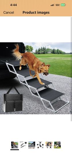 DGSL Dog Ramp for Car, 4-Step Folding Dog Stairs, Aluminum, Black, Supports Up to 250 Lbs