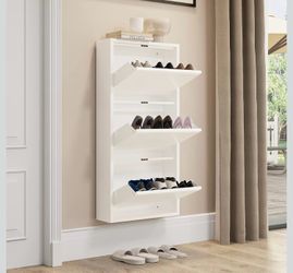 Metal Shoe Cabinet with 3 Magnetic Flaps - Gloss White - Hallway and Entryway