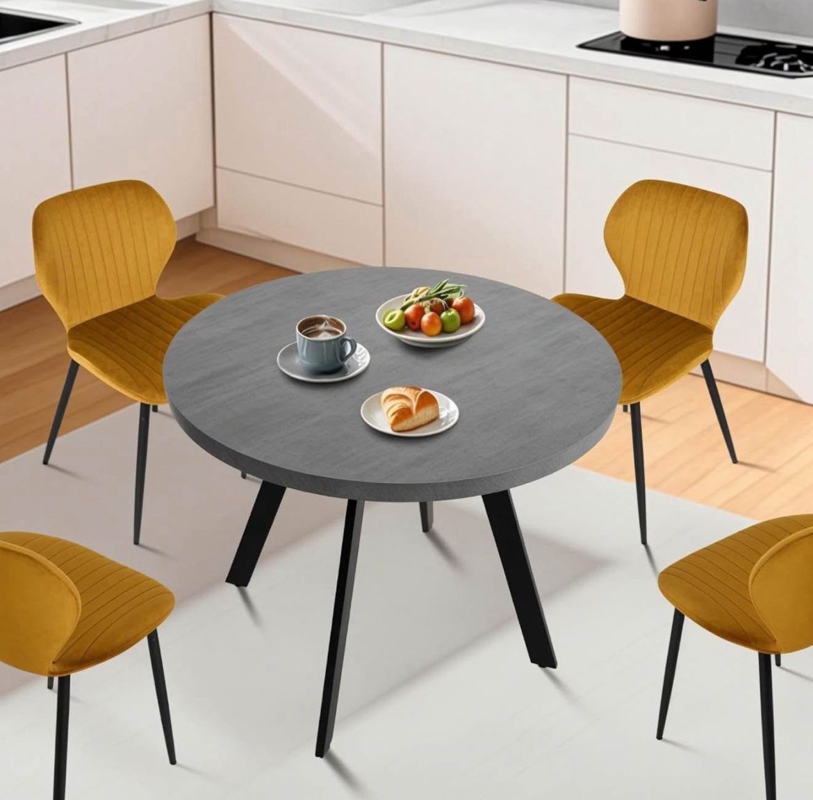 35.5" Round Dining Table Mid-Century Modern Table with Solid Metal Legs Leisure Table for Home, Conference, Office & Restaurant,