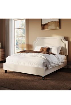 Full Size Beige Chenille Upholstered Bed Frame