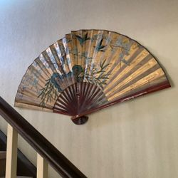 Vintage Mid 20th Century Asian Hand Painted Folding Large Wall Fan