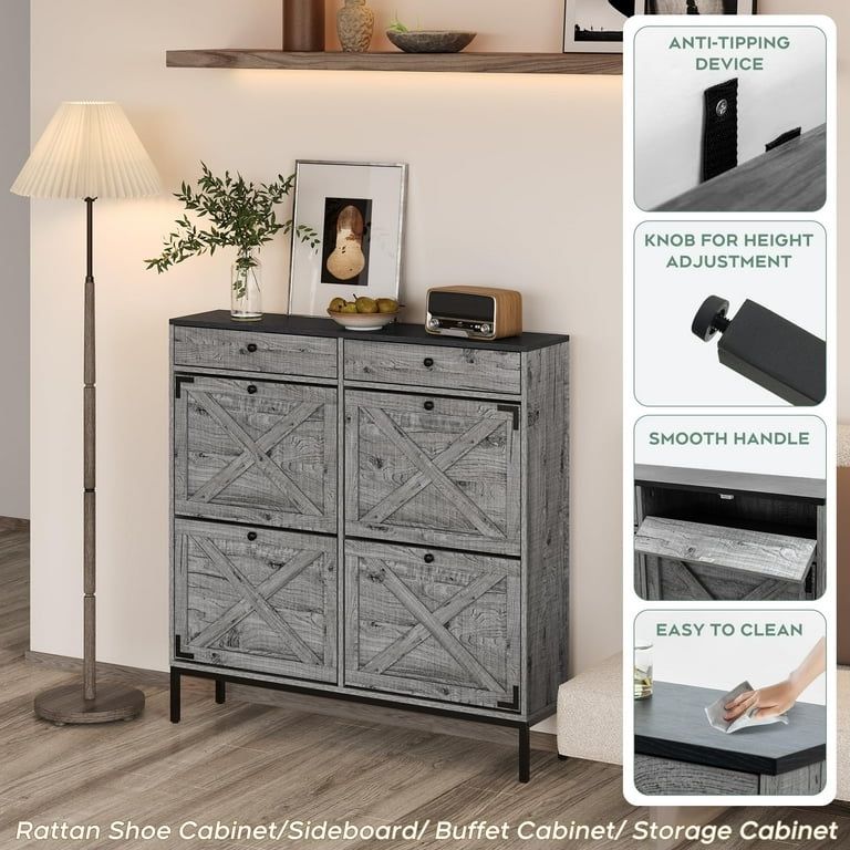 Brafabhome Gray Freestanding Shoe Cabinet with 4 Flip Drawers, Slim Entryway Shoe Storage Organizer with Shelves for Sneakers, High Heels and Slippers