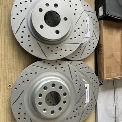 Tesla Model S 12-21 Front & Rear Double Drill Slot Coated Rotors Brake Pads