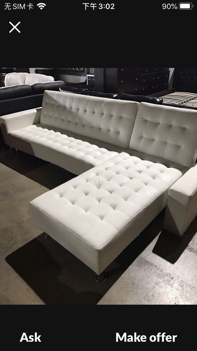New White Leather Futon Sectional Sofa Couch