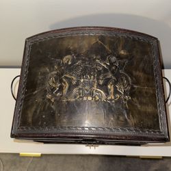 Ornate Wooden Decorative Chest/Box w/ Brass Royal Coat of Arms - Great for Jewelry/Keepsakes!